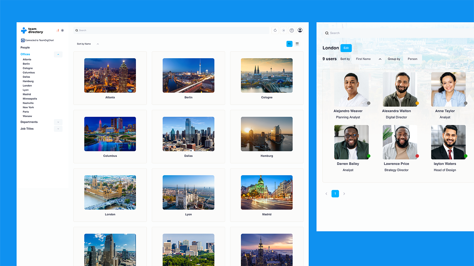 TeamDirectory interface showing office locations by city name with photo thumbnails, including Atlanta, Berlin, and London.