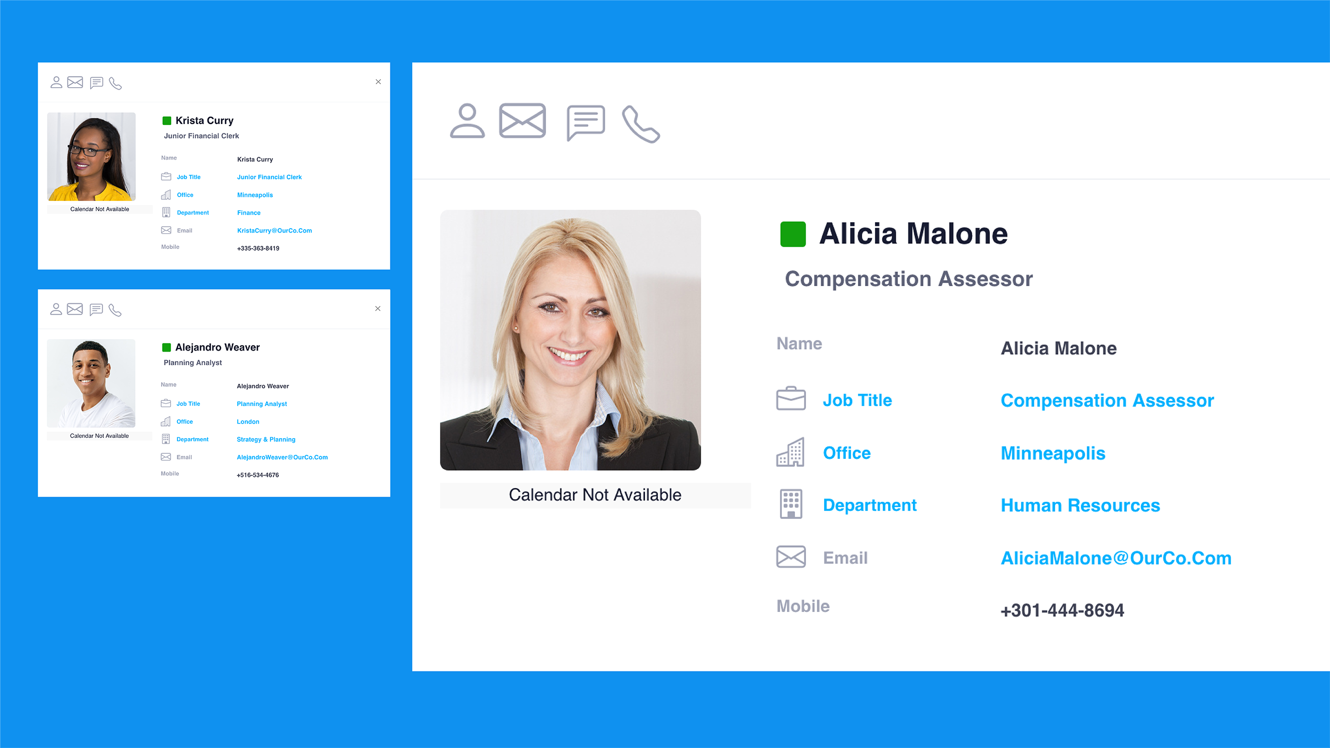 Profile view of two employees showing job titles, office locations, departments, contact icons, and calendar status.
