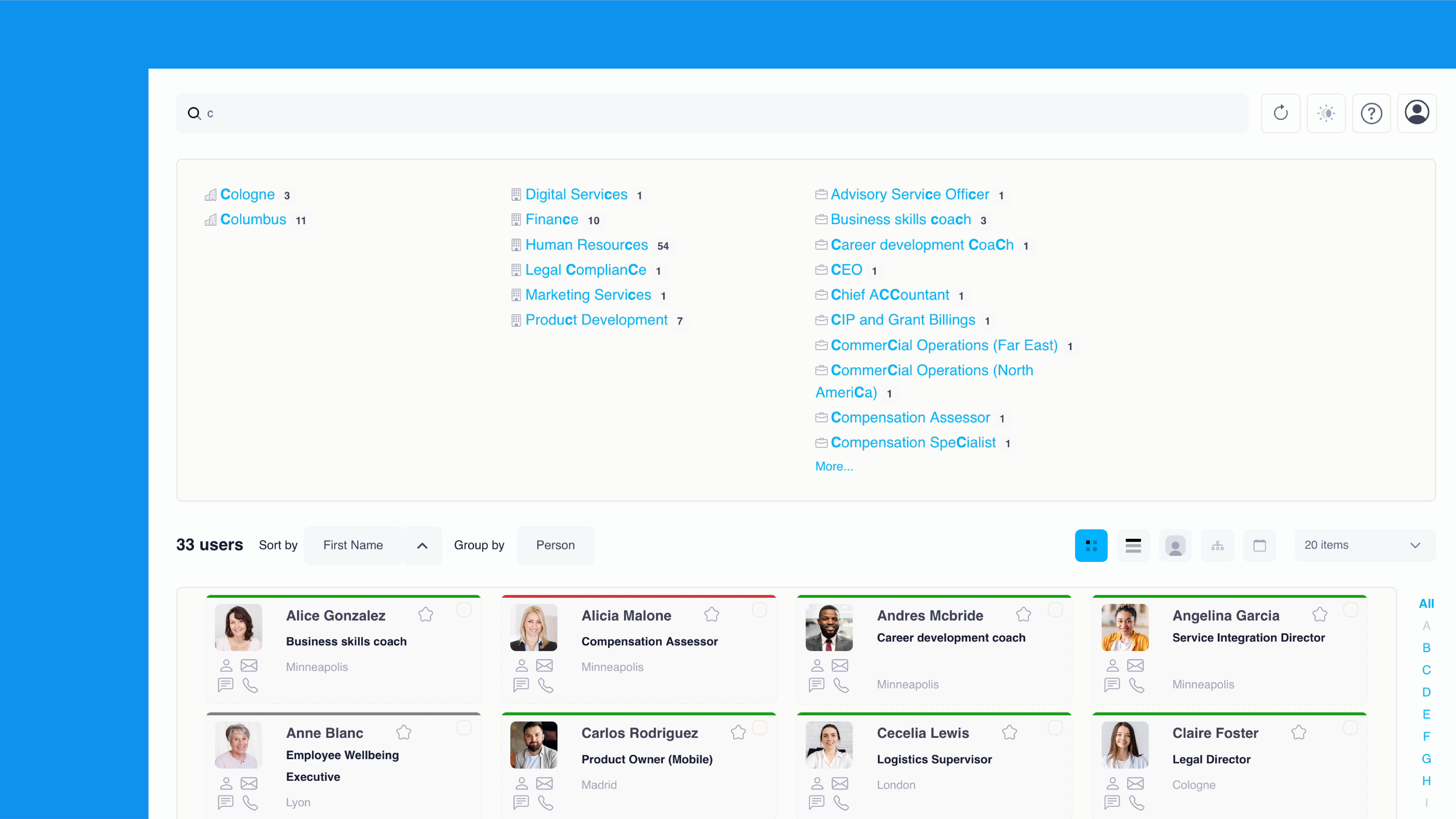 Search interface displaying department and job title filters with a grid of employee profile cards sorted by name.