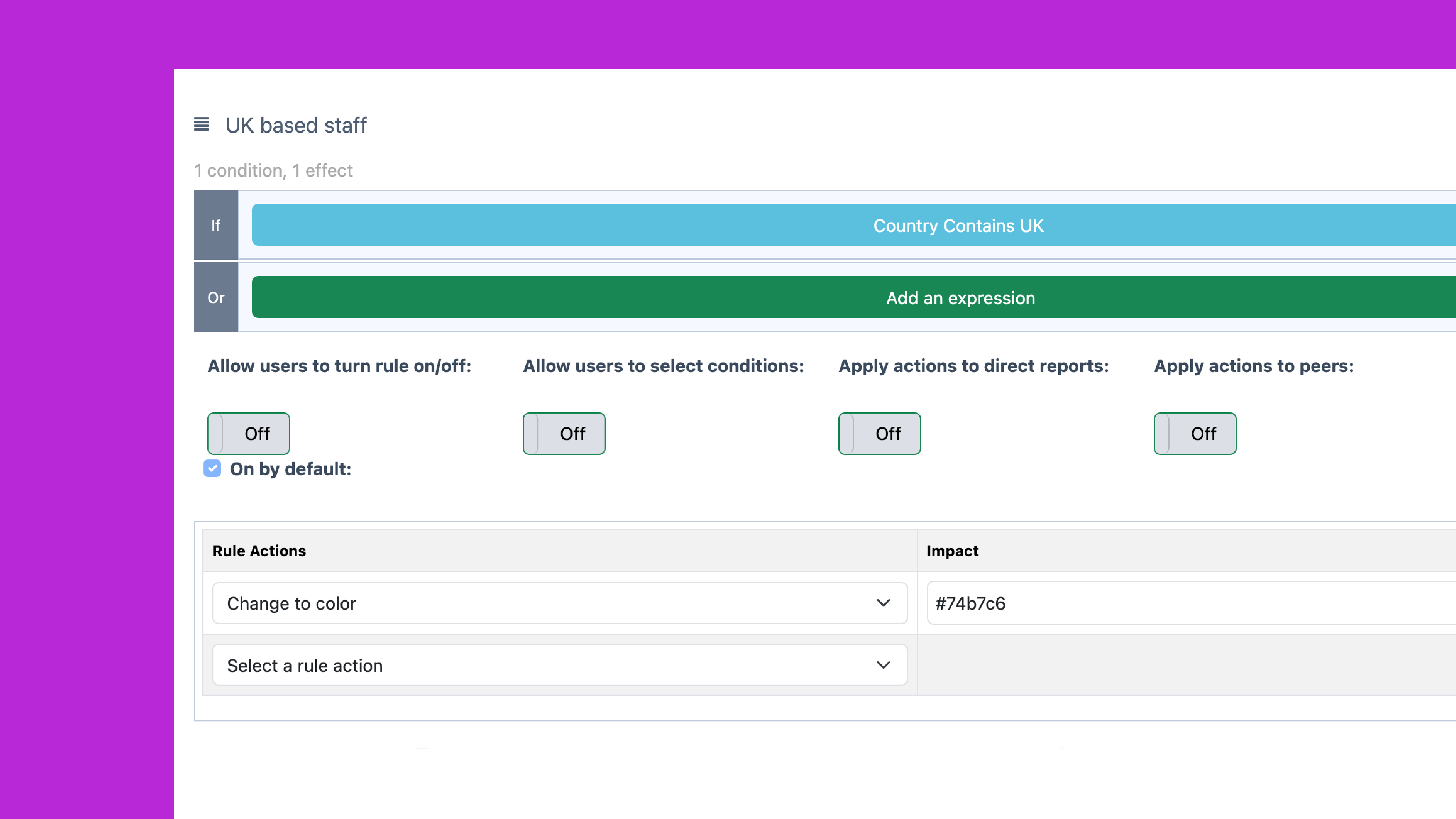 Conditional rule settings interface highlighting UK-based staff with color formatting and rule configuration toggles.