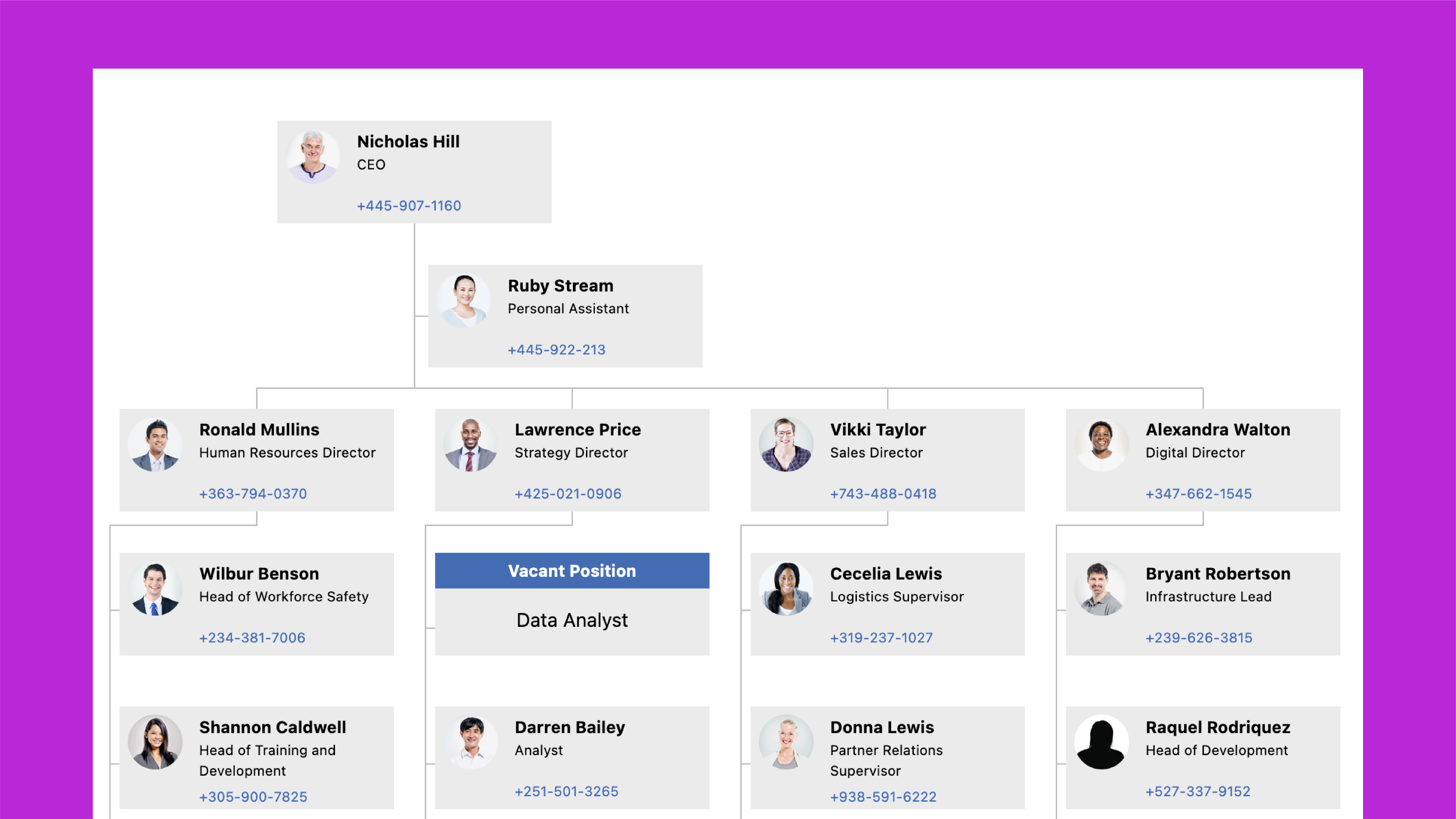 Zoomed view of an org chart section displaying staff hierarchy with a clearly marked vacant data analyst position.