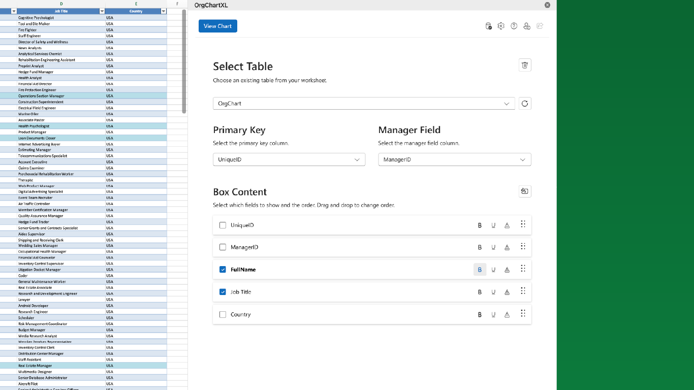 OrgChart4XL interface with spreadsheet preview and configuration panel for selecting data fields and chart structure.