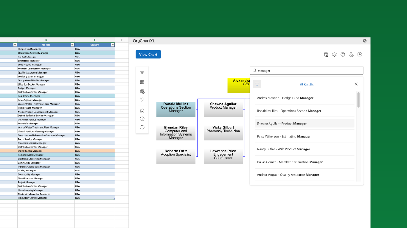 OrgChart4XL interface with employee search results for manager roles alongside a partially visible organization chart.