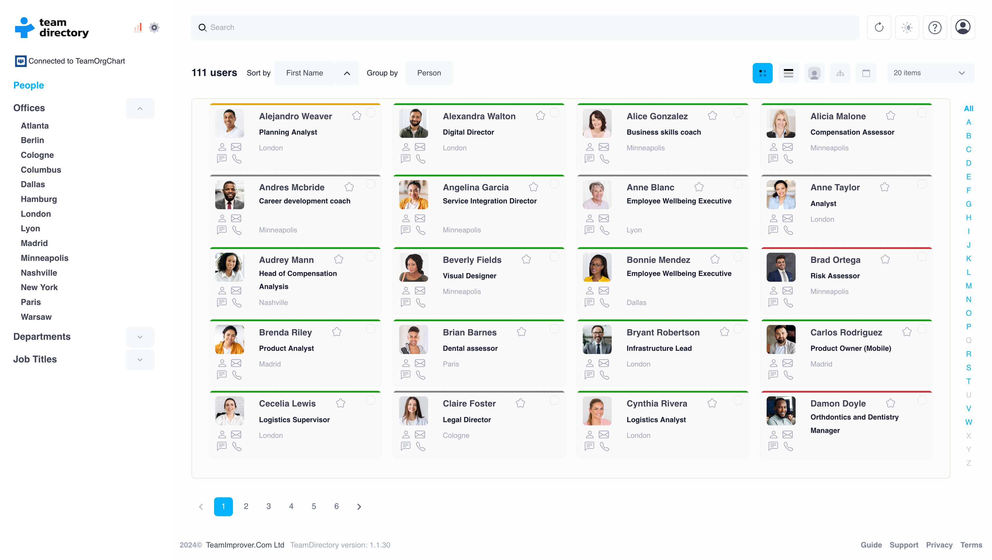 Directory view showing employees grouped by office locations with filters for departments and job titles expanded.