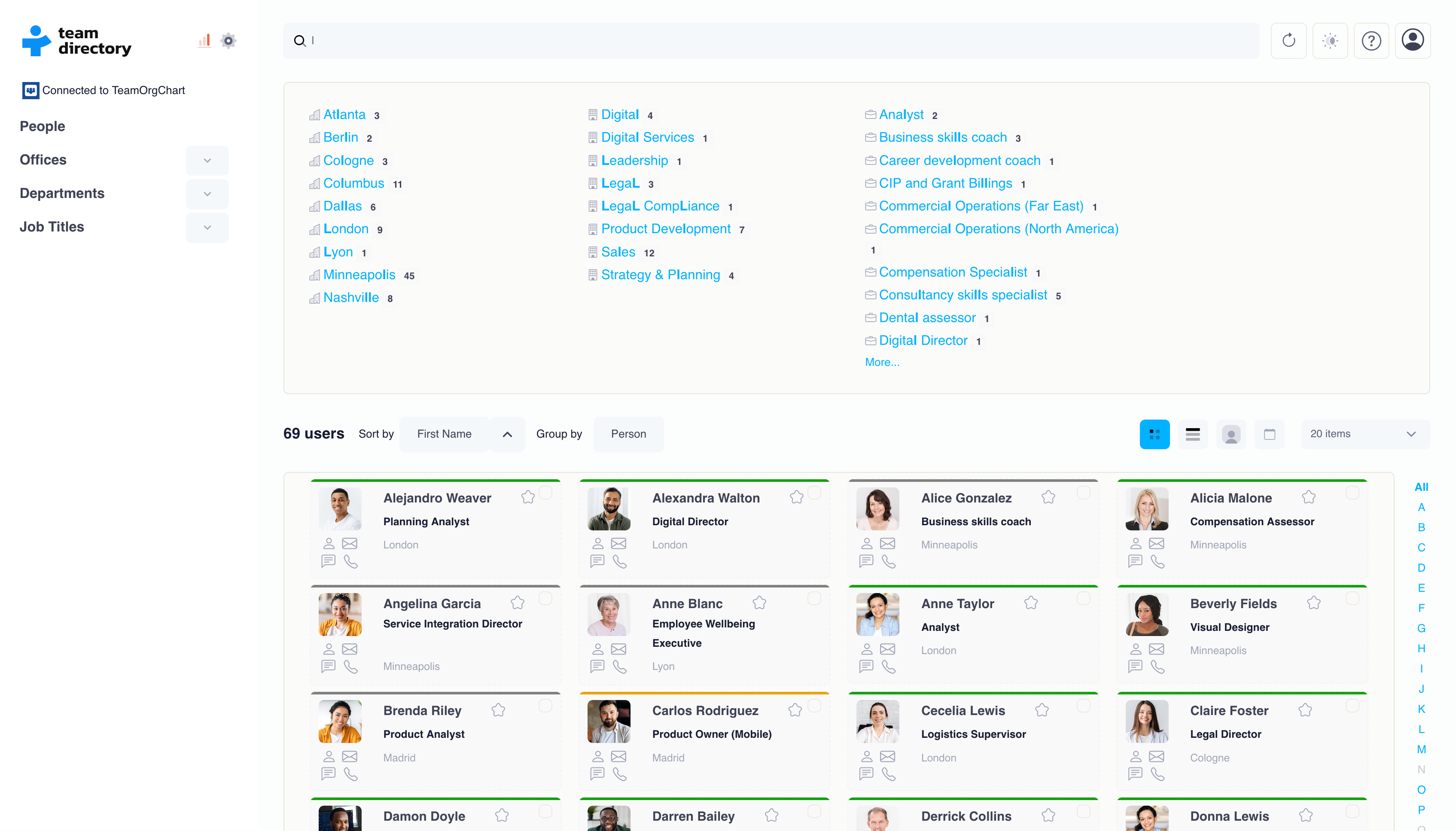 Search interface displaying department and job title filters with a grid of employee profile cards sorted by name.